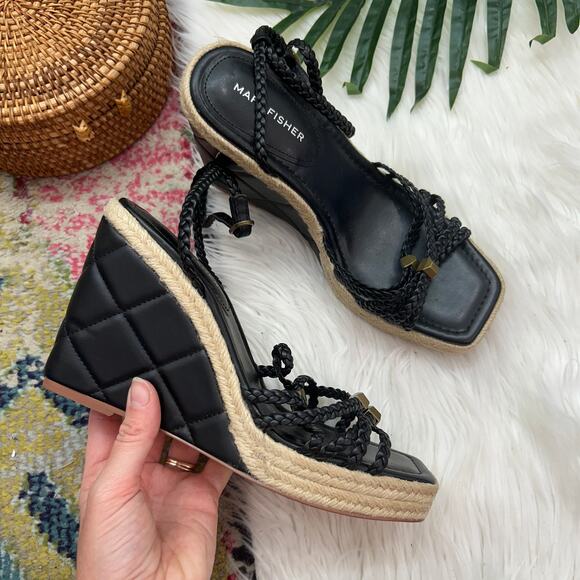 Marc Fisher Black Quilted Faux Leather Ankle Strap Platform Wedge Sandal 8.5 - Picture 1 of 7